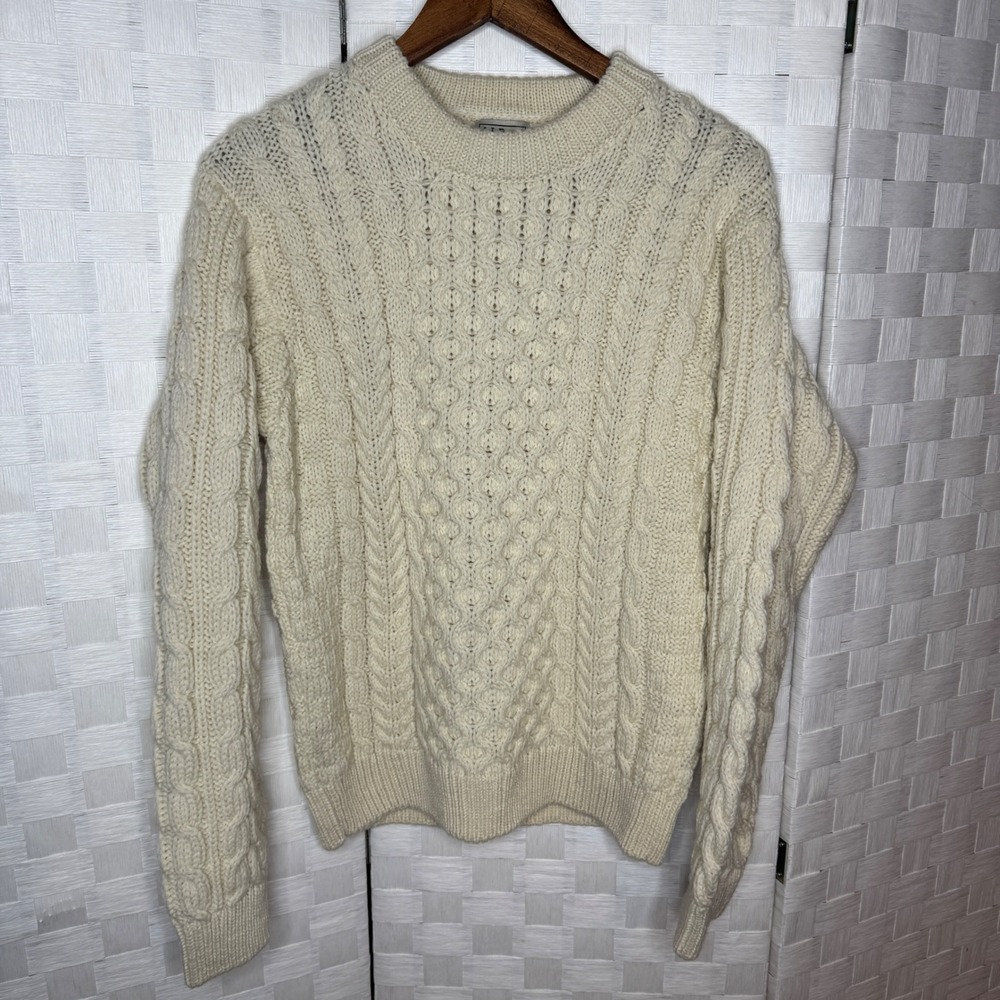 Vintage LL Bean Mens Cream Wool Cable Knit Fisherman Sweater Made in Ireland S